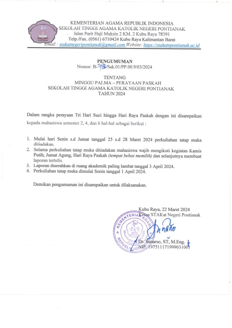 Pengumuman Tentang Libur dalam rangka Perayaan Minggu Palma sampai Perayaan PASKAH Tahun 2024